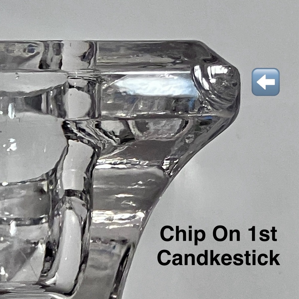 Vintage ART DECO Pressed Glass CANDLESTICKS / Hand Etched TEARDROPS / Small Chip - Picture 8 of 11